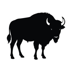 Bold black silhouette of a majestic american bison isolated against a white background