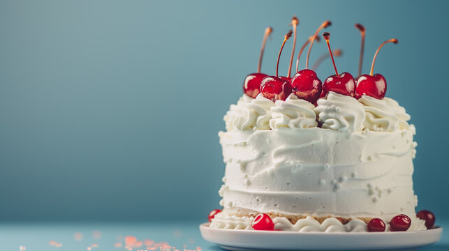 Delicate lambeth style birthday cake with white cream cheese frosting decorated with cocktail cherries on the blue background