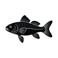 Detailed black and white illustration of a swimming fish with stylized features