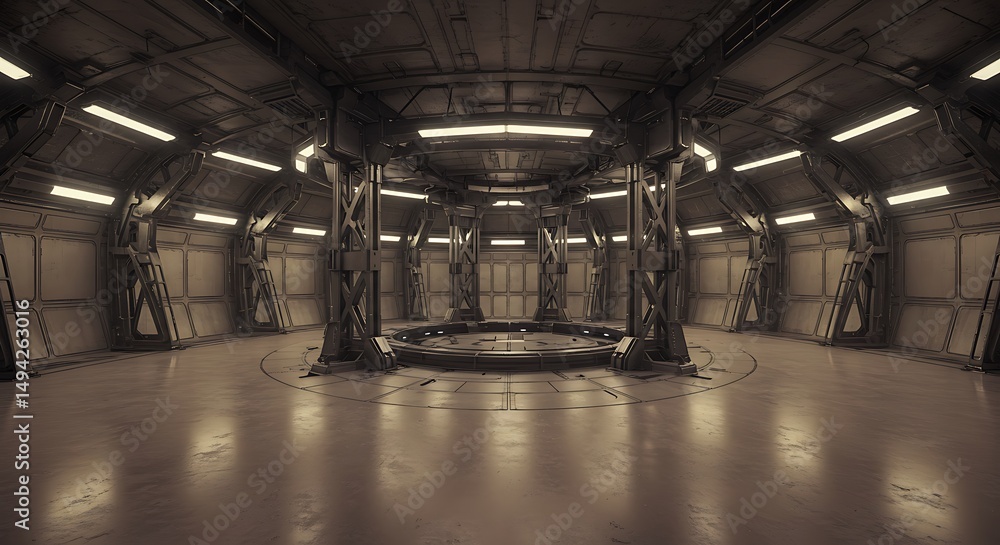 Poster empty room, circular technological structure building