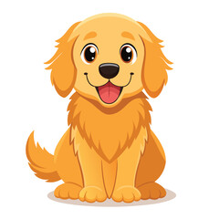 A happy golden retriever puppy sits attentively with its tongue out against a white background

