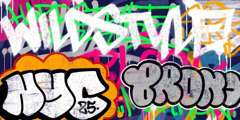 Overlapping graffiti text in bold street art style. Colorful layered urban background with spray paint texture, vibrant energy, and raw artistic expression. Perfect for edgy design projects.
