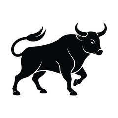 Silhouette illustration of a powerful bull walking with its curved horns on a clean white background.
