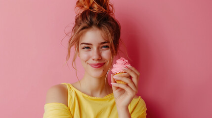 Pensive smiling young woman holding cupcake and thinking