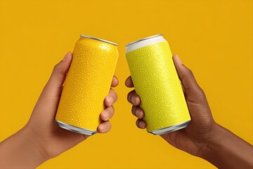 Cheers with Refreshing Beverages. Two hands clinking colorful soda cans against a vibrant yellow backdrop.
