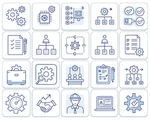 Collection of blue line art icons representing business process and workflow management concepts
