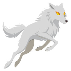 A light-colored wolf with yellow eyes is captured mid-leap a white background
