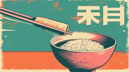 A graphic illustration of chopsticks picking up food over a bowl of rice, emphasizing Asian cuisine.