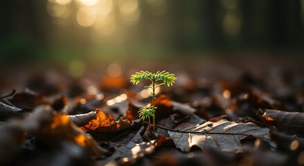Young Plant Growing Among Fallen Leaves in Sunlight