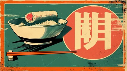 A stylized illustration of sushi on a bowl with chopsticks, emphasizing Japanese cuisine.