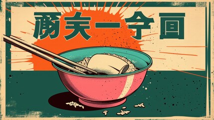 A vibrant illustration of a bowl of noodles with chopsticks, emphasizing a food theme.