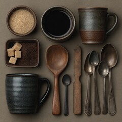 Coffee Still Life with Brown Sugar, Spoons, and Ceramic Cups
