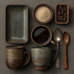 Coffee Composition with Rustic Pottery and Silver Spoon