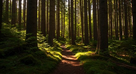 Fototapeta premium Walking Path Through Forest with Sunlight Filtering Through Trees