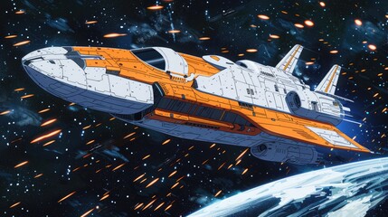 A futuristic spaceship travels through space, showcasing advanced design and exploration themes.