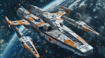 A futuristic spaceship in space, showcasing advanced design and technology.