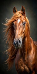 Fototapeta premium Elegant chestnut brown horse head with a flowing mane and soft gaze