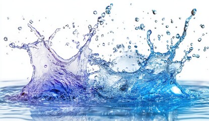 A vibrant blue and purple water splash against a white background, showcasing dynamic droplets and ripples