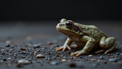 Obraz premium Close-up Portrait of a Green Frog Sitting on Earthy Ground with Detailed Texture and Bright Eyes