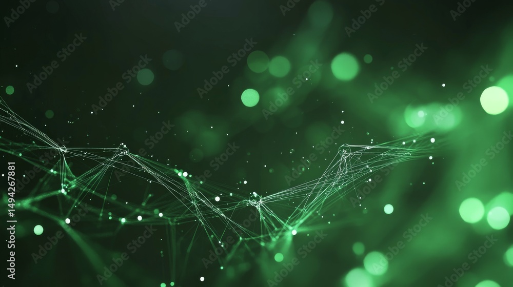 Poster abstract green molecular structure with interconnected nodes and bonds on dark background, represent