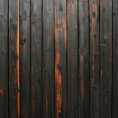 Fototapeta premium Dark wooden fence displays vertical planks accented with warm, orange hues throughout the structure