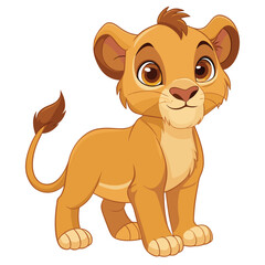 A cute lion cub sits with a curious expression a white background
