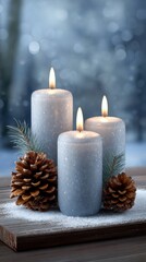 Tranquil scene with three lit candles surrounded by pinecones and snow, creating a cozy winter atmosphere.