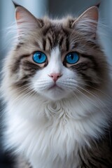 A fluffy cat with blue eyes stares at the camera.