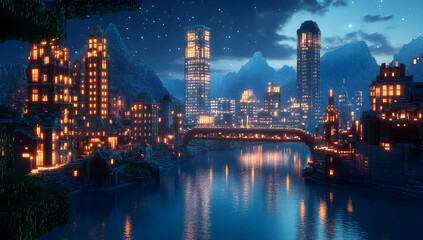 Night cityscape illuminated buildings river