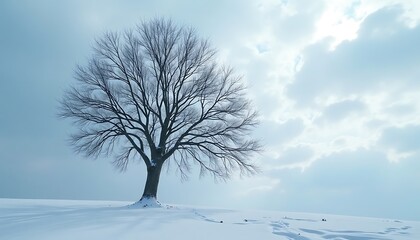 Fototapeta premium Solitary Tree Standing in Snowy Winter Landscape with Sky