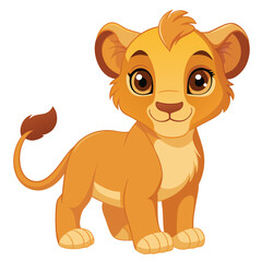 A cute lion cub sits with a curious expression a white background