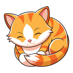 A small, orange and white kitten sleeps peacefully curled up  a white background