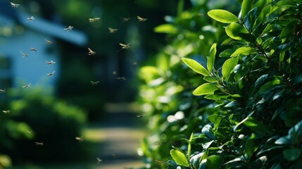 Lush green hedge with hovering mosquitoes, blurred backyard scene - The challenge of balancing privacy and pests in garden greenery 