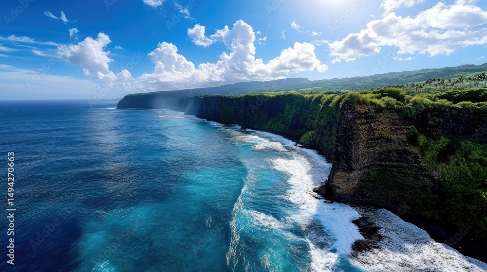 Poster majestic cliffs rising sharply from the ocean with waves crashing below, sunny day with blue sky and