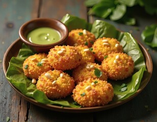 Spicy Indian mixture with lentils and sev served colorful in traditional brass container