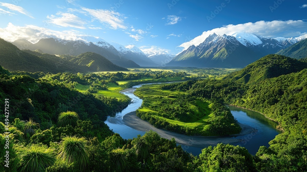 Poster panoramic view of a lush valley with a winding river and distant snow-capped mountains under a clear