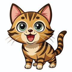 A wide-eyed tabby kitten with its mouth open in a happy expression looks upwards a white background