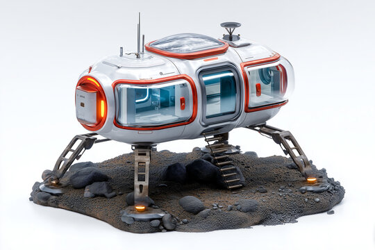 Futuristic Mars habitat pod with large windows and landing legs, standing on rocky Martian soil in a clean white sci-fi environment.