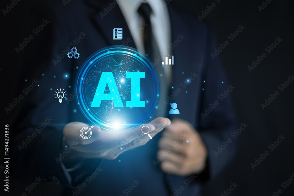 Poster artificial intelligence concept with businessman presenting ai symbol in hand for smart business str