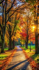 Serene meandering walkway lined with vibrant autumn foliage amidst a peaceful park setting with distant trees and soft sunlight filtering through leaves