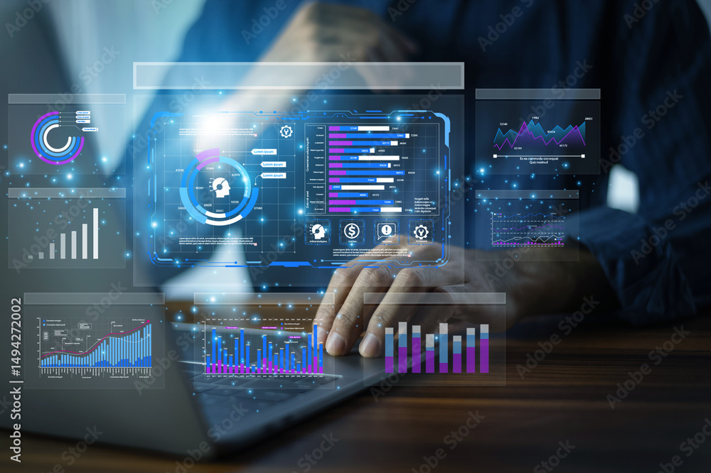 Poster data analysis concept. businessman use ai technology for data analysis to evaluate investment opport