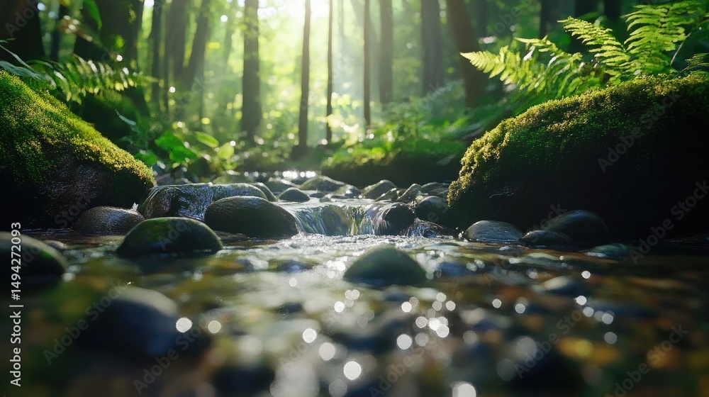 Poster serene forest stream flowing over smooth rocks, surrounded by mossy green banks and dappled sunlight