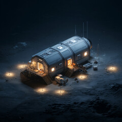 Isolated Mars research outpost with glowing lights and modular habitat units, set on a dusty extraterrestrial surface under a dark sky.