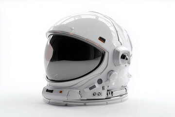 White astronaut helmet with tinted visor and integrated tech modules, isolated on white background, ideal for space exploration and sci-fi concepts.