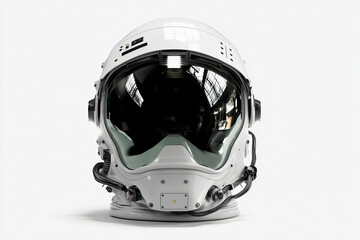 Futuristic astronaut helmet front view with black visor and mounted tech features, isolated on white background, showcasing space equipment design.