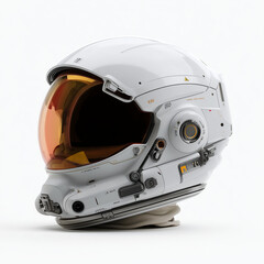 Fototapeta premium Side view of a modern astronaut helmet with orange visor and intricate external modules, isolated on white, designed for Mars exploration missions.
