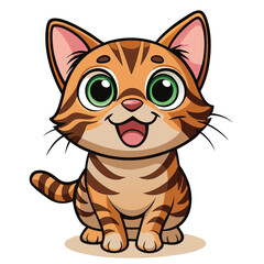 A wide-eyed tabby kitten with its mouth open in a happy expression looks upwards a white background