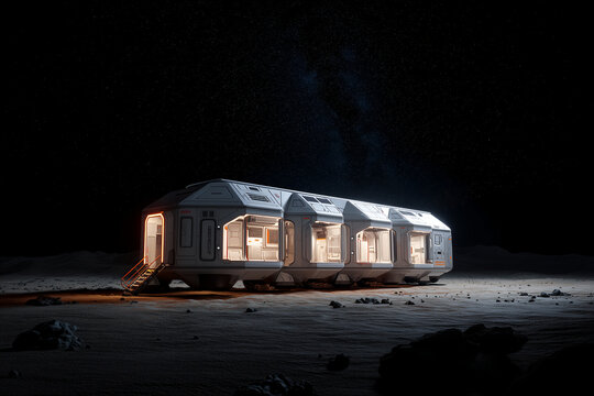 Futuristic Mars habitat module glowing under a starlit sky, featuring open entryways and modern structure on a barren Martian landscape.