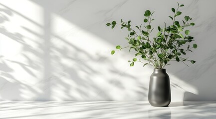 Sunlit greenery in a dark vase against a marble wall.  Soft shadows cast on the minimalist surface