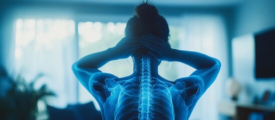 Woman with neck pain at home.